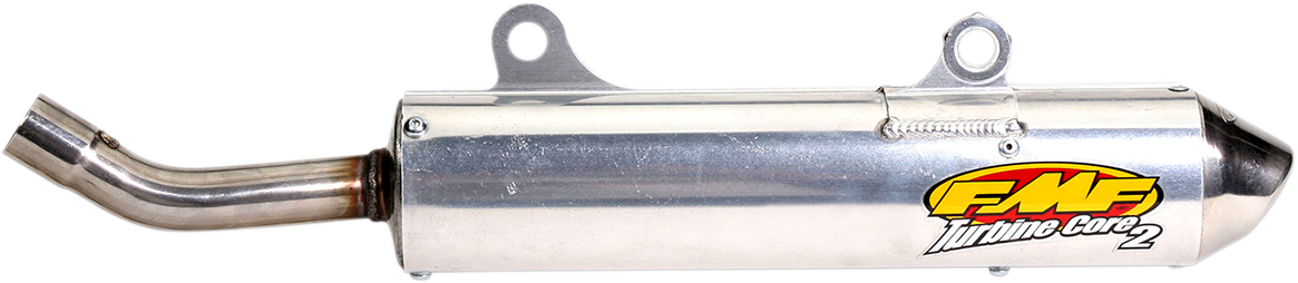 FMF Turbinecore 2 silencer with turbine dampening system and stainless steel end cap for off-road motorcycles.