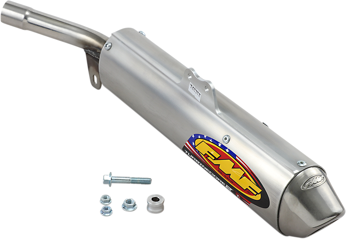 FMF Turbinecore 2 motorcycle muffler for off-road bikes, showcasing the lightweight performance exhaust system with branded logo