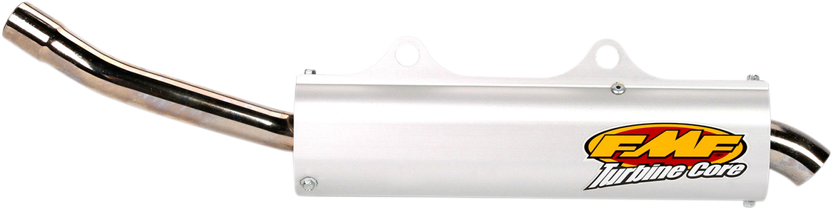 FMF Turbinecore spark arrestor silencer installed on motorcycle exhaust system, showcasing its durable design and easy maintenance features.