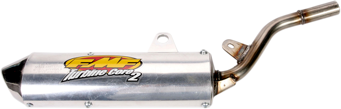 FMF Turbinecore 2 motorcycle silencer with FMF branding, designed for enhanced motorcycle performance, shown in the image.