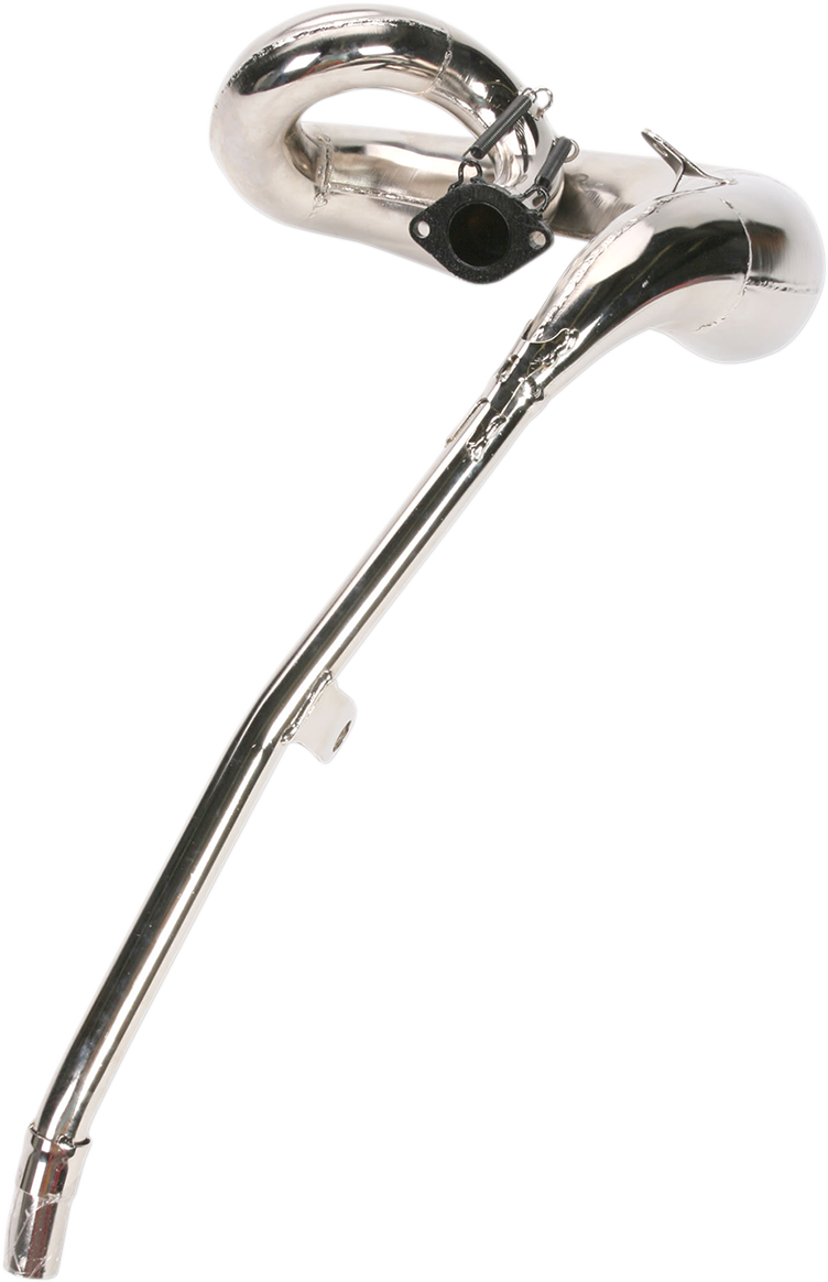 FMF Fatty Pipe 020133 motorcycle exhaust pipe showcasing its shiny metal finish and mounting details for enhanced performance.