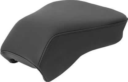 Black Saddlemens Heels Down Touring Pillion Pad seat for motorcycle, plain design, mounted on bike.