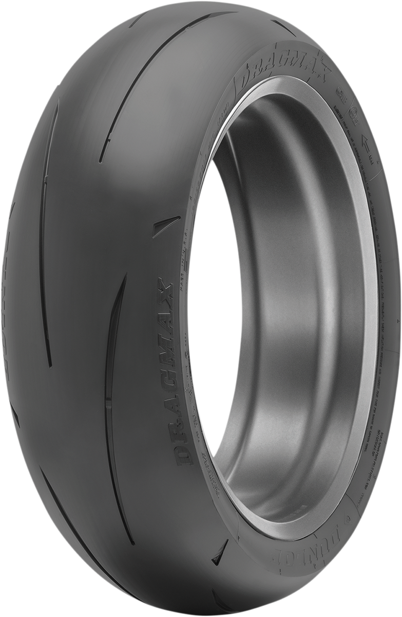 Dunlop Dragmax rear tire 190/50ZR17 for drag racing, featuring slick tread pattern and durable rubber construction.