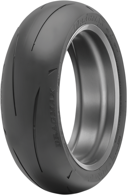 Dunlop Dragmax rear tire 190/50ZR17 for drag racing, featuring slick tread pattern and durable rubber construction.