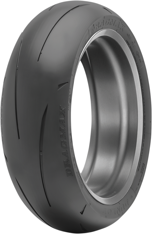 Dunlop Dragmax rear tire 190/50ZR17 for drag racing, featuring slick tread pattern and durable rubber construction.