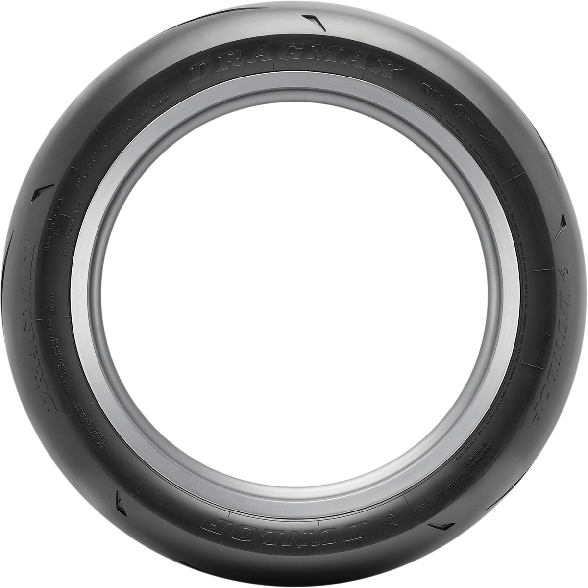Dunlop Dragmax rear tire 190/50ZR17 for drag racing, showing the tread pattern and sidewall details.
