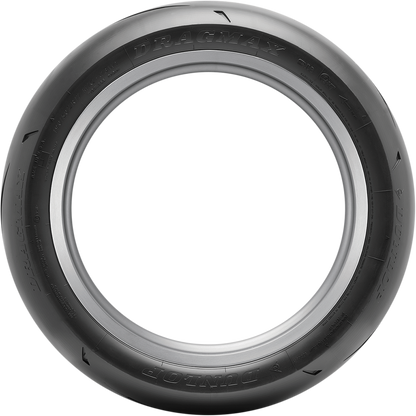 Dunlop Dragmax rear tire 190/50ZR17 for drag racing, showing the tread pattern and sidewall details.