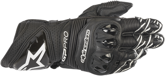 Black Alpinestars GP Pro RS3 motorcycle riding gloves in 3XL, featuring high-performance protective gear for motorcyclists.