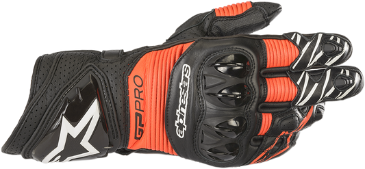 Alpinestars GP Pro RS3 motorcycle gloves in black and fluo red, size 3XL, with protective knuckles and detailed stitching.