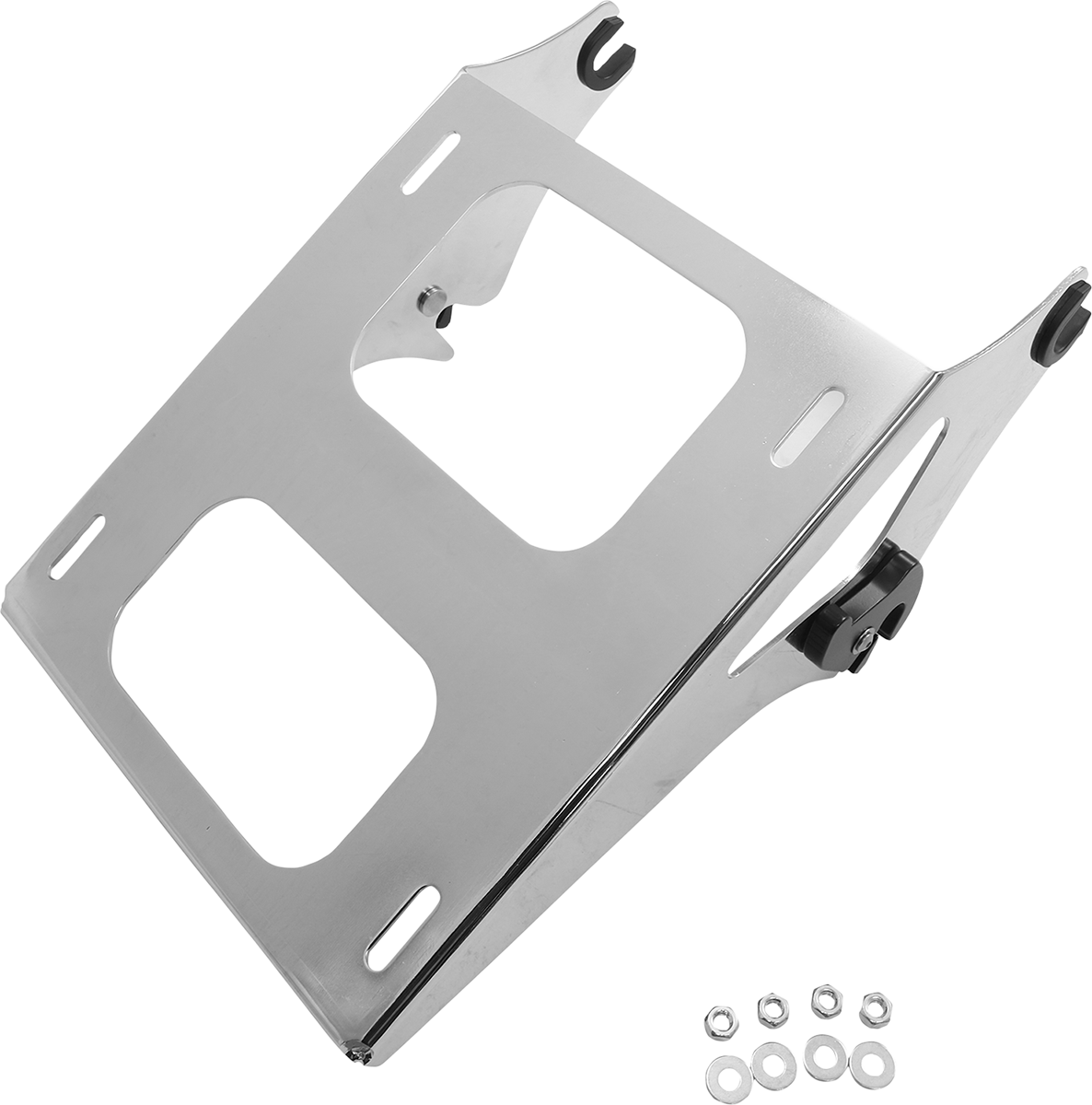 Chrome DRAG SPECIALTIES Tour Box Mount for Dresser Models, showcasing the sturdy bracket and sleek finish on a motorcycle.