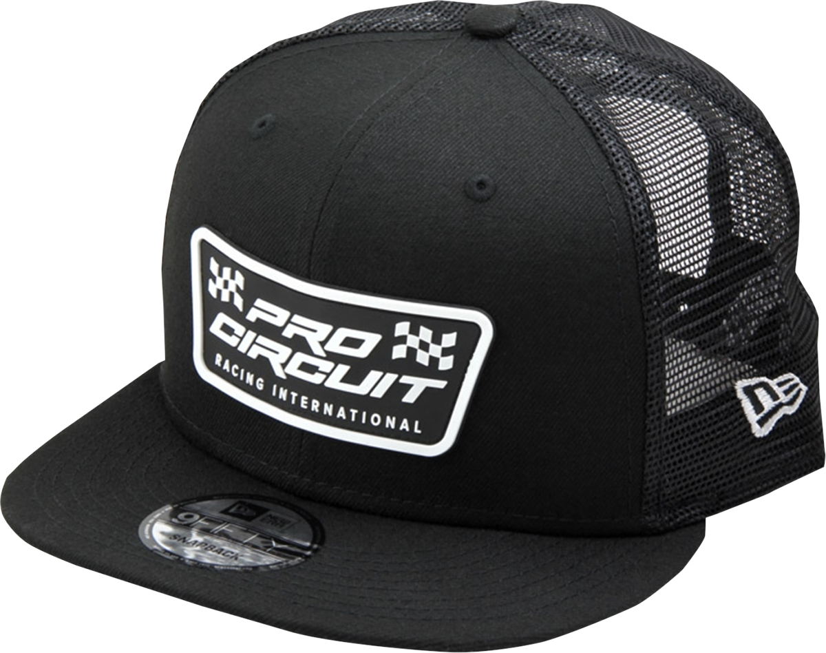 Black PRO CIRCUIT Checkered Flag patch on a New Era 9FIFTY Snapback Hat, featuring a stylish design and adjustable fit.