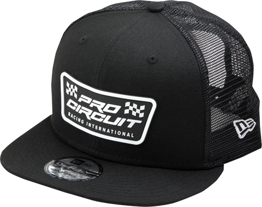Black PRO CIRCUIT Checkered Flag patch on a New Era 9FIFTY Snapback Hat, featuring a stylish design and adjustable fit.