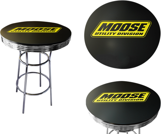 MOOSE OFFROAD 30-inch round pub table with MDF top and chrome side strip, featuring a sturdy design and modern style