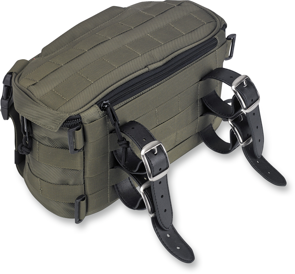Green Biltwell Exfil-7 motorcycle bag with adjustable straps and durable material, designed for motorcycle storage and travel.