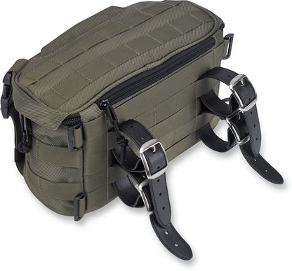 Green Biltwell Exfil-7 motorcycle bag with adjustable straps and durable material, designed for motorcycle storage and travel.