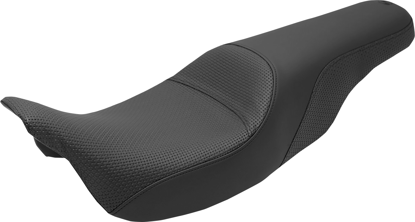 Black Saddlemens Profiler Basket-weave motorcycle seat with detailed stitching, designed for comfortable riding.