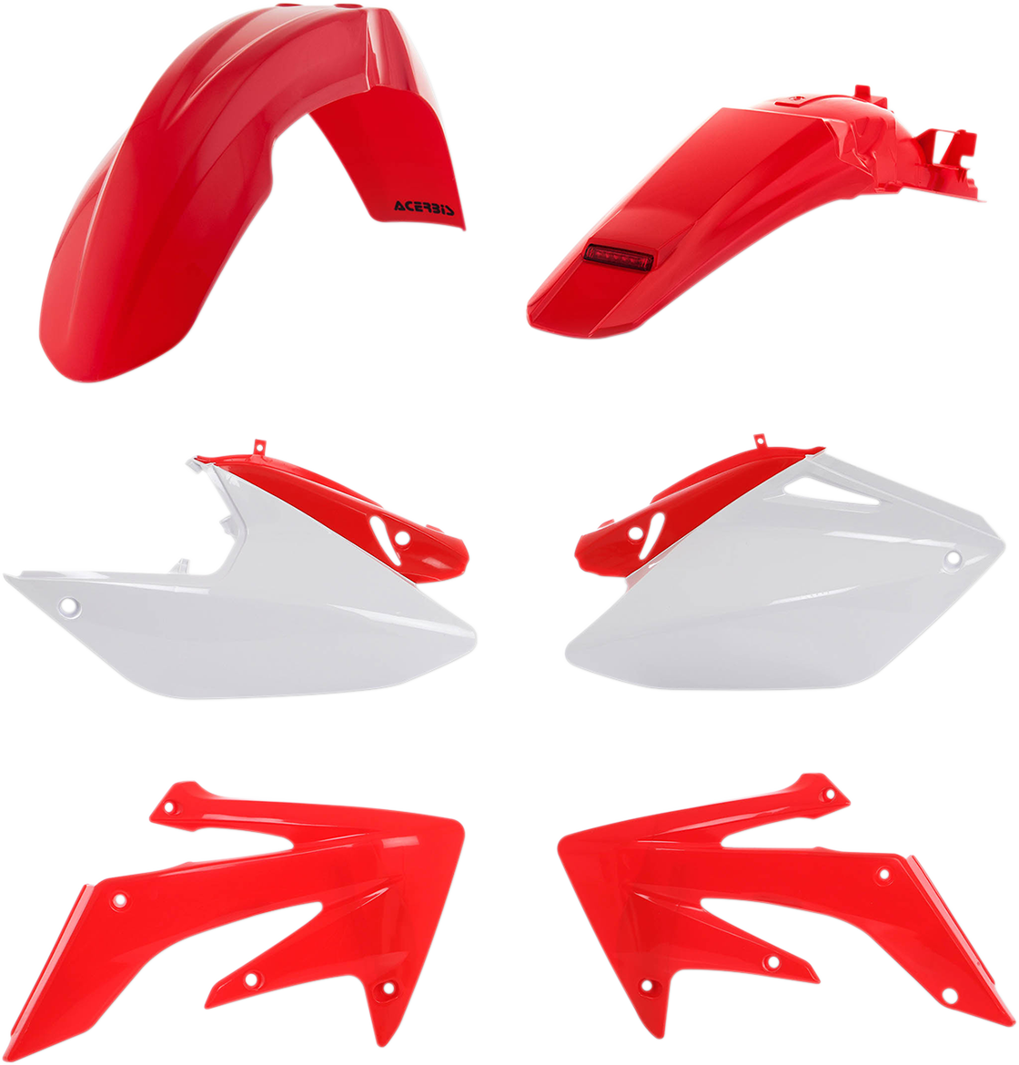 A white ACERBIS standard replacement body kit for motorcycles, OEM 2040970206, showing front and side body panels.