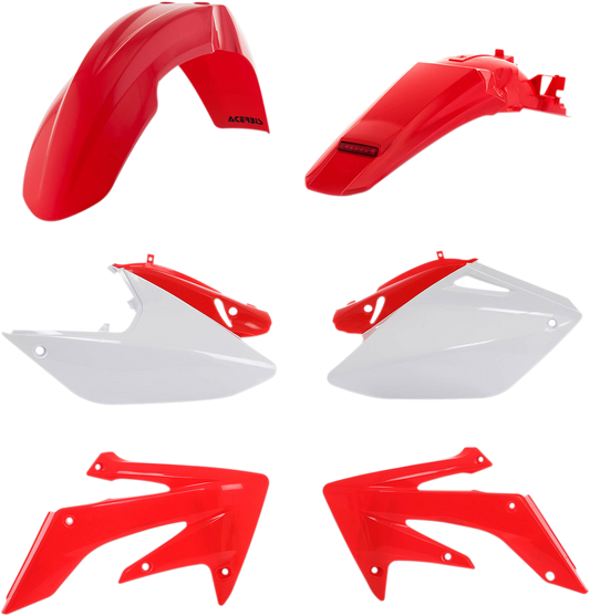 A white ACERBIS standard replacement body kit for motorcycles, OEM 2040970206, showing front and side body panels.
