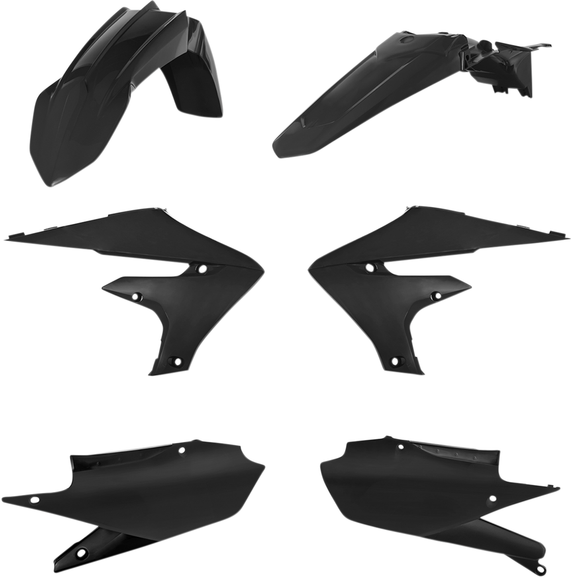 A black Acerbis standard replacement body kit for motorcycles, featuring sleek, durable panels designed for easy installation.