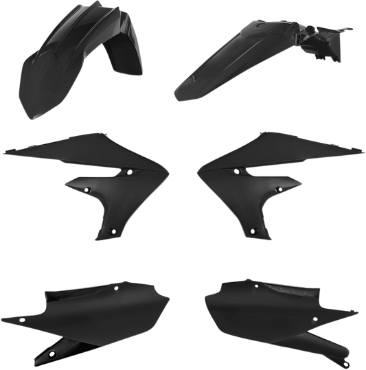 A black Acerbis standard replacement body kit for motorcycles, featuring sleek, durable panels designed for easy installation.