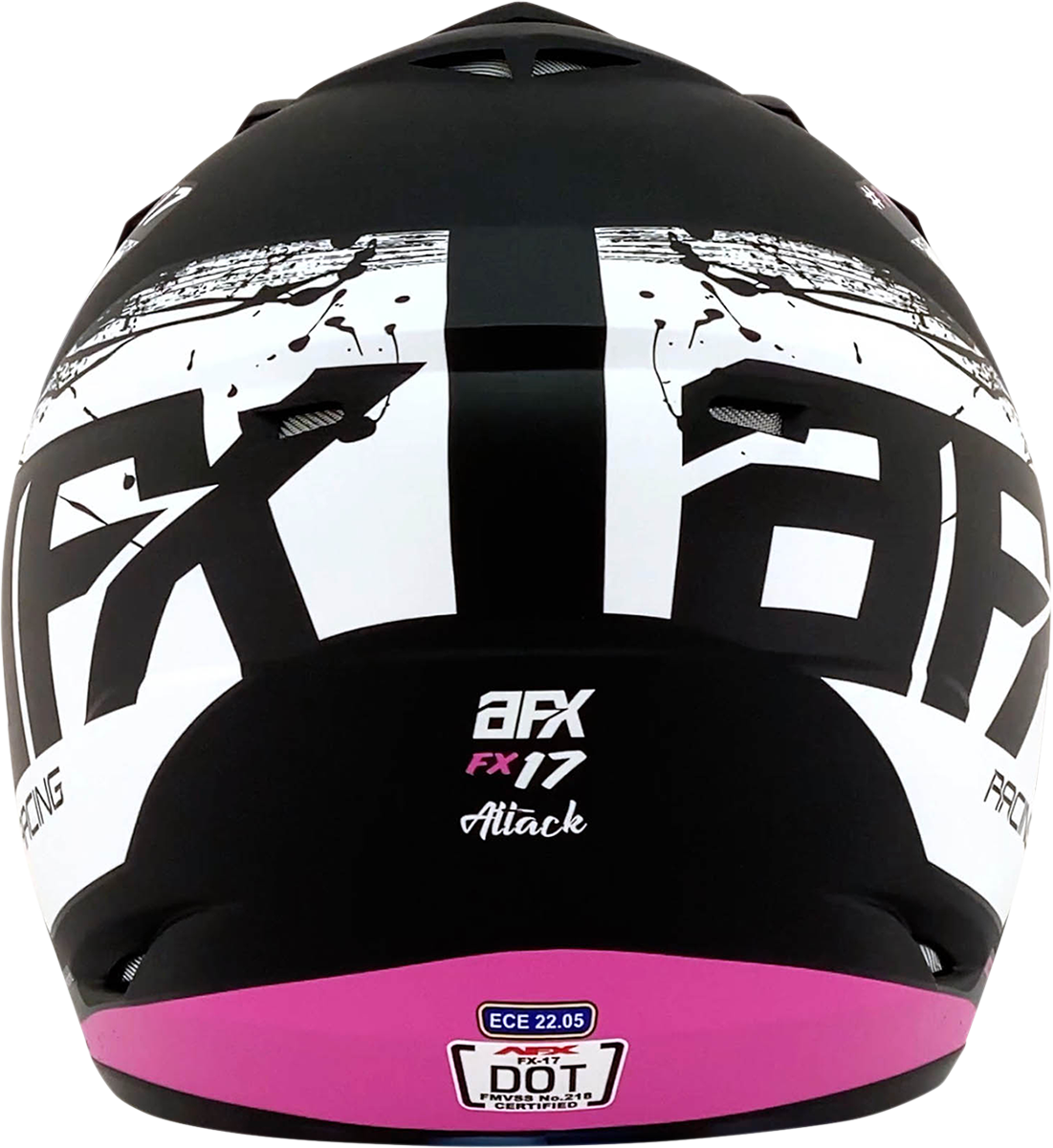 Matte black and fuchsia AFX FX-17Y Attack helmet, large size, showing the sleek helmet design and ventilation features.