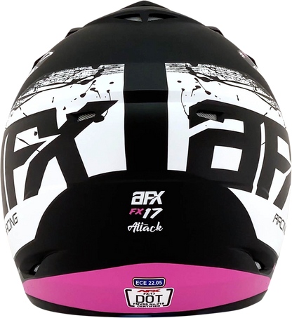 Matte black and fuchsia AFX FX-17Y Attack helmet, large size, showing the sleek helmet design and ventilation features.