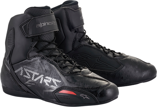 Alpinestars Faster-3 racing shoes in black and gunmetal with US 9.5 size, featuring sleek design and sporty details.
