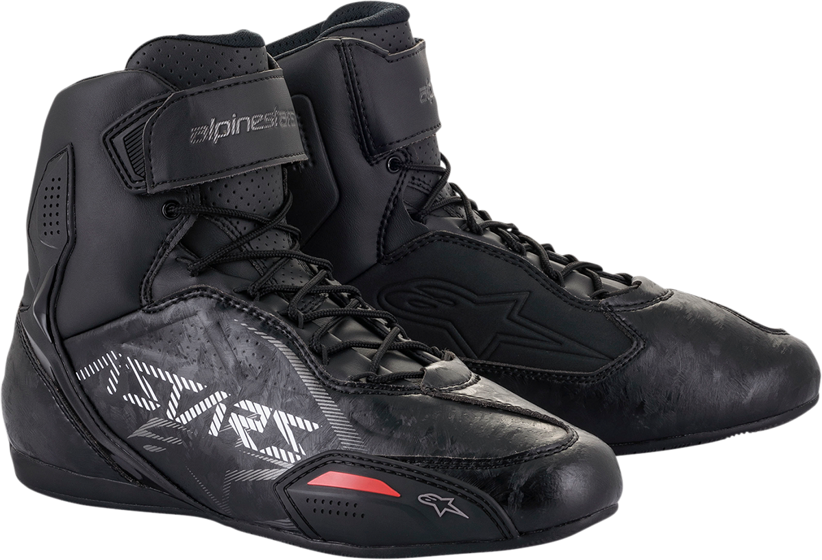 Alpinestars Faster-3 black and gunmetal sport shoes with sleek design, US 9 size, featuring durable material and stylish accents.