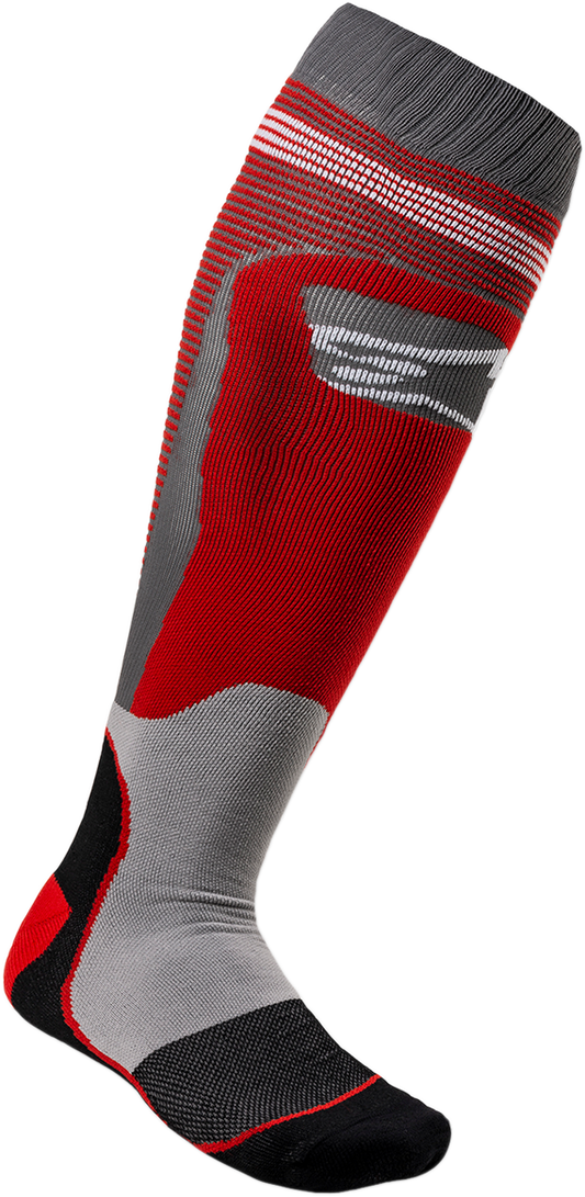Alpinestars MX Plus 1 motorcycle socks in red and gray, small/medium size, with reinforced cuffs and breathable fabric.