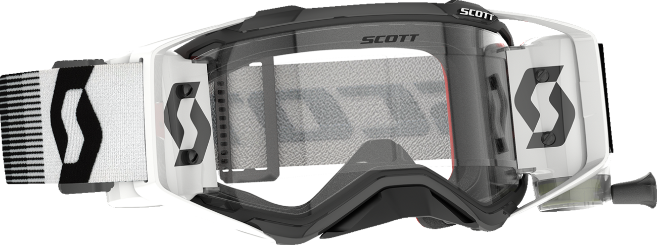 Scott Prospect WFS Goggle in black and white with clear lens, designed for motocross or off-road riding.