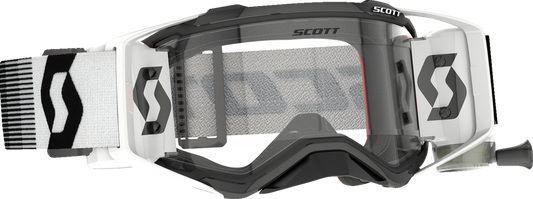 Scott Prospect WFS Goggle in black and white with clear lens, designed for motocross or off-road riding.