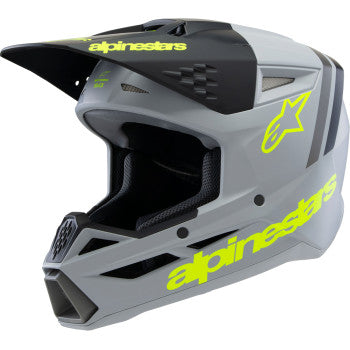 Alpinestars Youth SM3 helmet in Radium matte gray, black, and yellow fluo with vents and adjustable strap, size small.