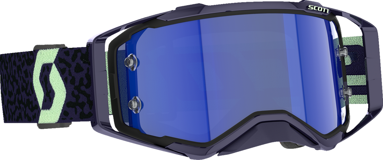 Scott Prospect Amplifier Goggle in dark purple and mint with blue chrome lens, featuring adjustable strap and ventilation for motocross riding.
