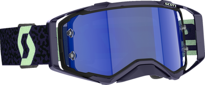Scott Prospect Amplifier Goggle in dark purple and mint with blue chrome lens, featuring adjustable strap and ventilation for motocross riding.
