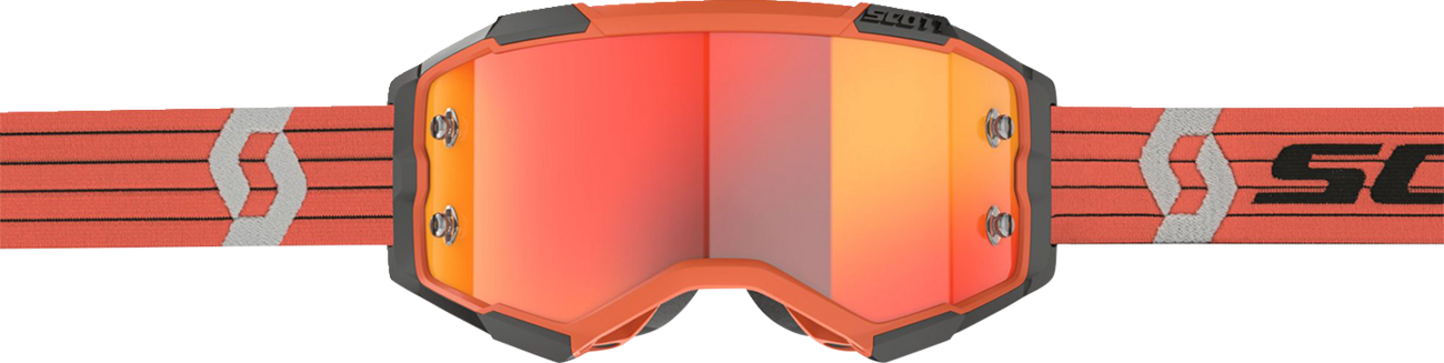 Scott Fury Goggle in orange and gray with orange accents, designed for motorcycle riding, featuring adjustable strap and clear lens.