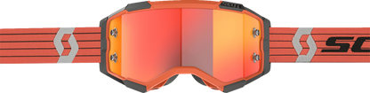 Scott Fury Goggle in orange and gray with orange accents, designed for motorcycle riding, featuring adjustable strap and clear lens.