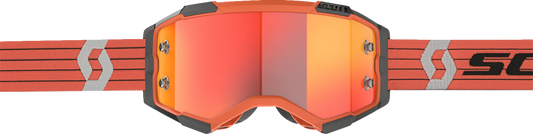 Scott Fury Goggle in orange and gray with orange accents, designed for motorcycle riding, featuring adjustable strap and clear lens.