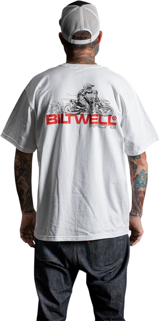 White BILTWELL T-Shirt featuring the Bill's Exhausts logo, small size, made from comfortable cotton fabric.