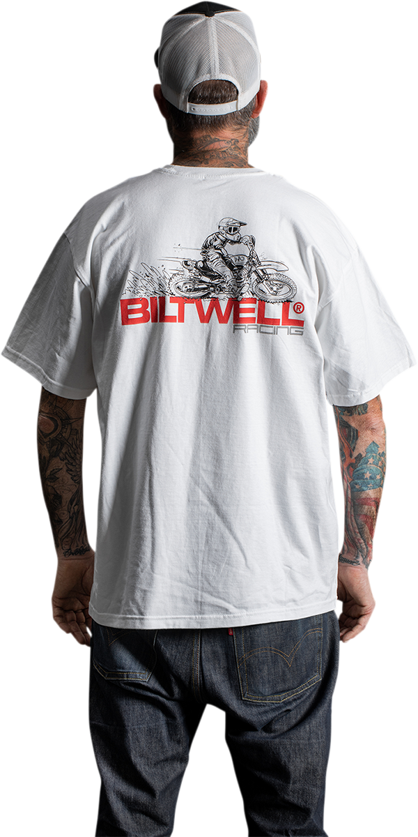 White BILTWELL Spare Parts T-Shirt in medium size, featuring a simple design, from Bill's Exhausts.