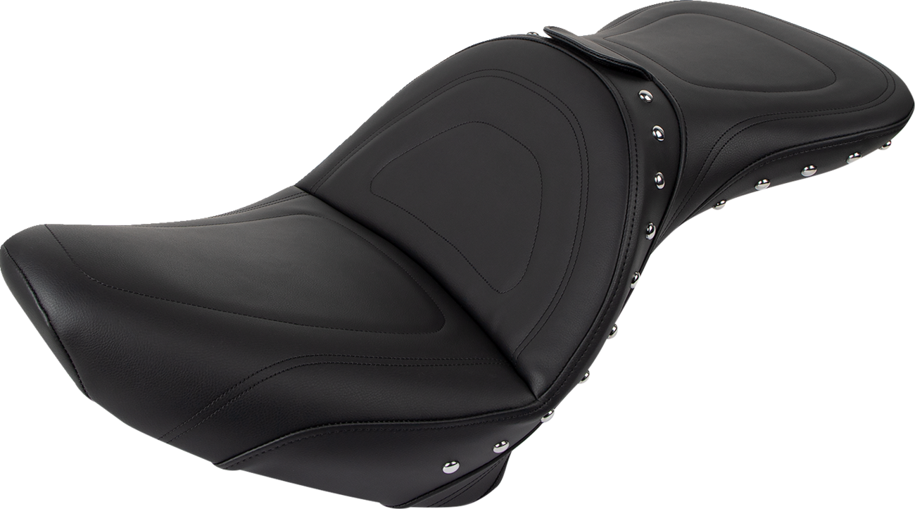 Bill's Exhausts SADDLEMEN Explorer Special Studded Seat with backrest for Softail motorcycles, featuring a sleek, padded design.