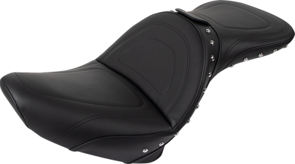 Bill's Exhausts SADDLEMEN Explorer Special Studded Seat with backrest for Softail motorcycles, featuring a sleek, padded design.