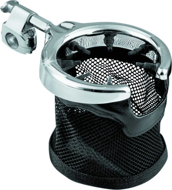 Kuryakyn universal passenger drink holder with basket in black and chrome for powersports vehicles, mounted on motorcycle.