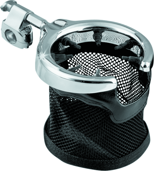 Kuryakyn universal passenger drink holder with basket in black and chrome for powersports vehicles, mounted on motorcycle.