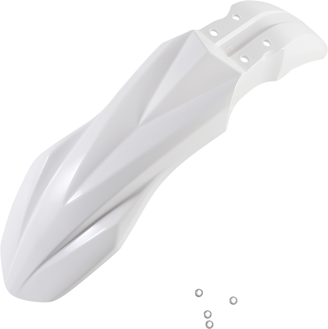 White Acerbis front fender for motocross or off-road bikes, durable plastic body part with mounting points