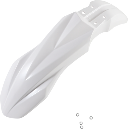 White Acerbis front fender for motocross or off-road bikes, durable plastic body part with mounting points