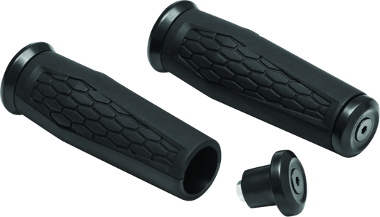 Kuryakyn Hex grips 1 inch universal black for powersports vehicles, shown installed on motorcycle handlebars.