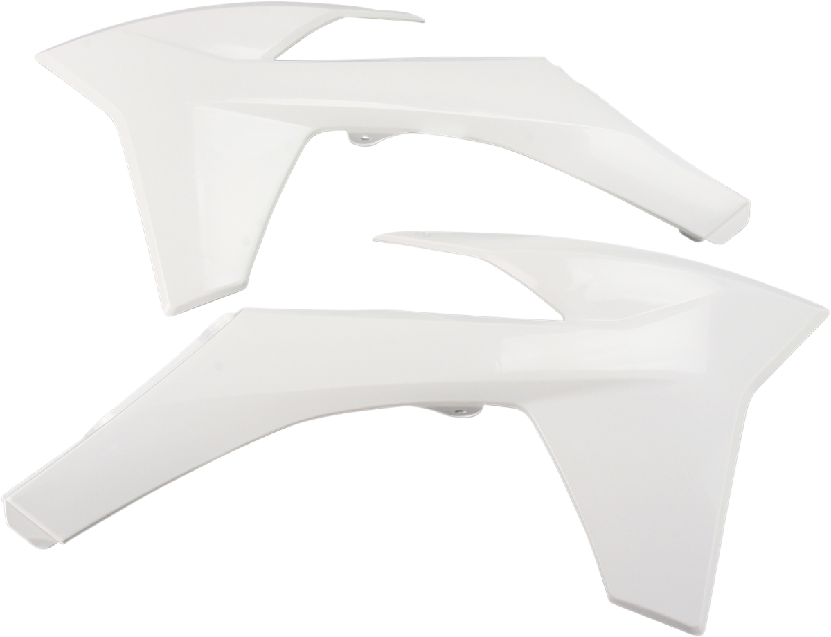 White Acerbis radiator shrouds for motorcycle, featuring sleek body design with detailed venting and branding elements.