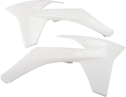 White Acerbis radiator shrouds for motorcycle, featuring sleek body design with detailed venting and branding elements.