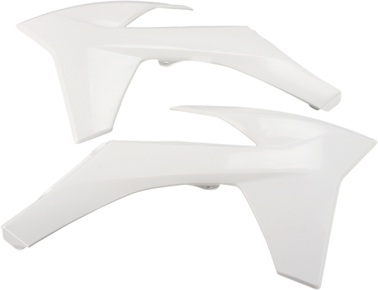 White Acerbis radiator shrouds for motorcycle, featuring sleek body design with detailed venting and branding elements.
