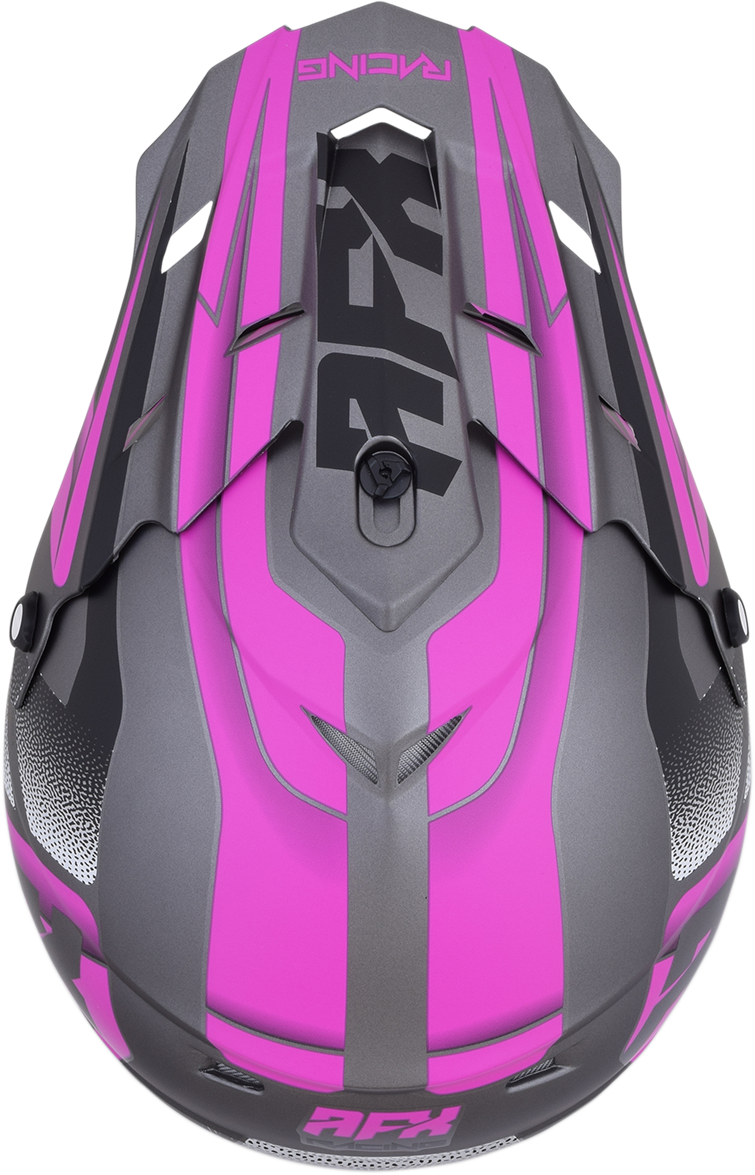 AFX FX-17 Force helmet in frost gray and fuchsia, medium size, with aerodynamic design and secure chin strap.